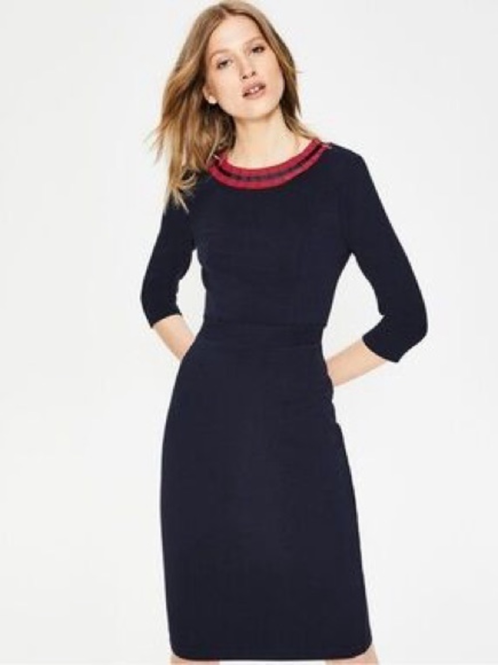 Boden Navy Sheath Dress with Red Grosgrain Accent Collar